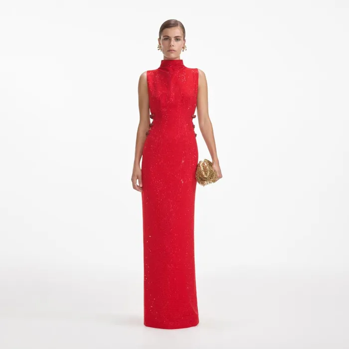 Women Red Rhinestone Crepe Maxi Dress Self Portrait Dresses