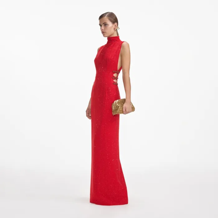 Women Red Rhinestone Crepe Maxi Dress Self Portrait Dresses