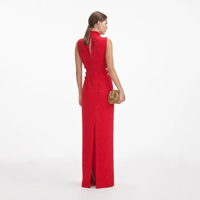 Women Red Rhinestone Crepe Maxi Dress Self Portrait Dresses