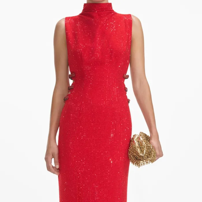 Women Red Rhinestone Crepe Maxi Dress Self Portrait Dresses