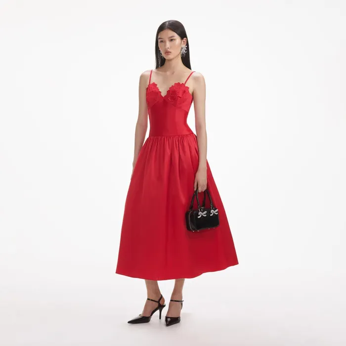 Women Red Taffeta Midi Dress Self Portrait Dresses