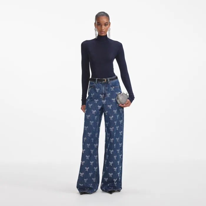 Women Rhinestone Bow Denim Jeans Self Portrait Denim