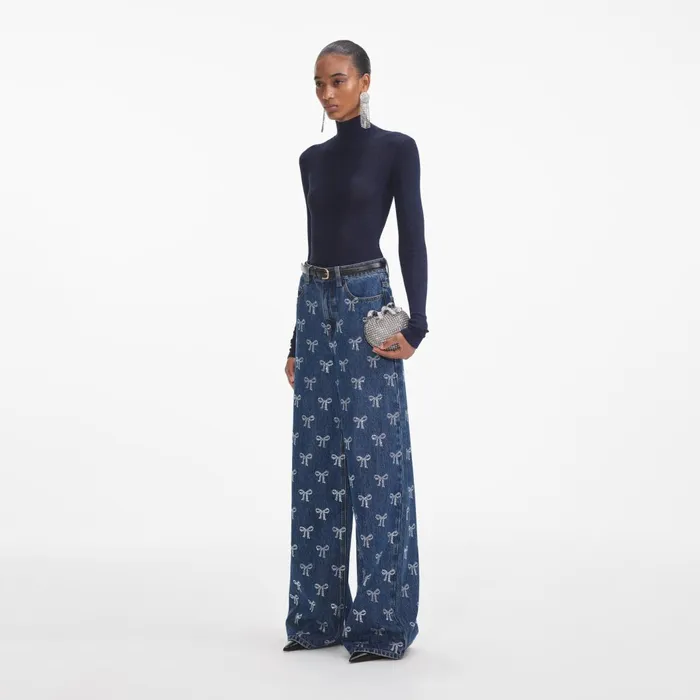 Women Rhinestone Bow Denim Jeans Self Portrait Denim