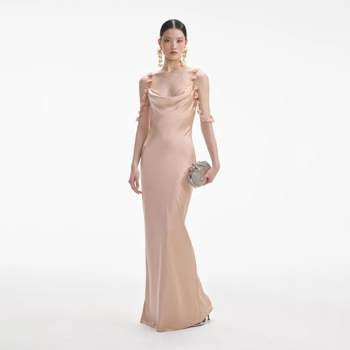 Women Rose Gold Satin Flower Maxi Dress Beige Self Portrait Dresses