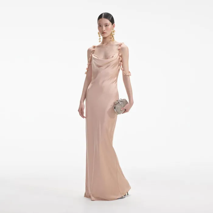 Women Rose Gold Satin Flower Maxi Dress Beige Self Portrait Dresses