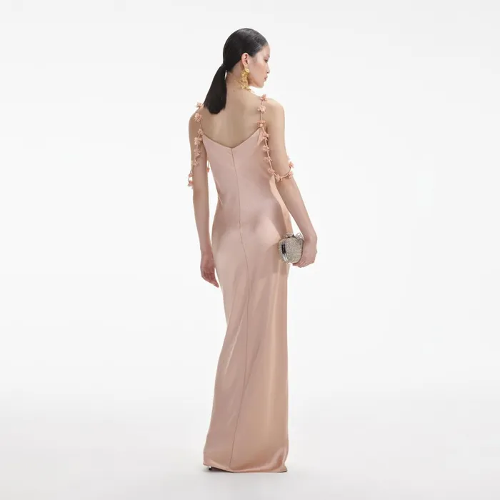 Women Rose Gold Satin Flower Maxi Dress Beige Self Portrait Dresses