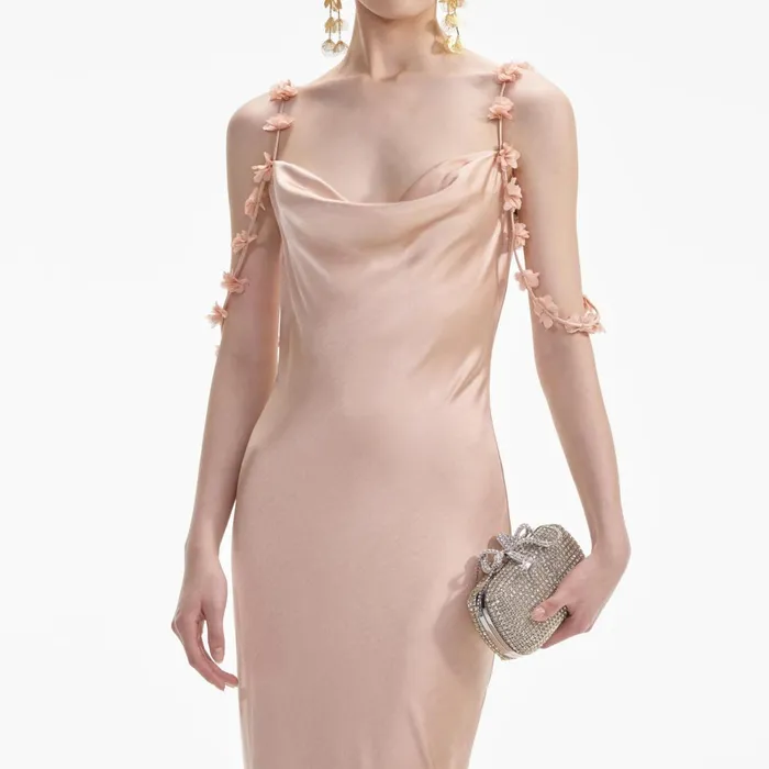 Women Rose Gold Satin Flower Maxi Dress Beige Self Portrait Dresses
