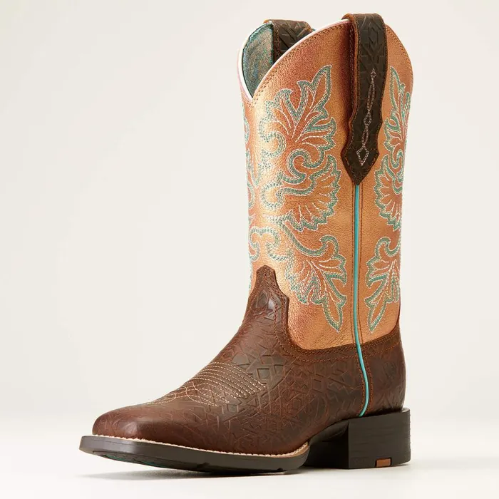 Women Round Up Wide Square Toe StretchFit Western Boot Toasted Blanket Emboss Ariat Western Boots