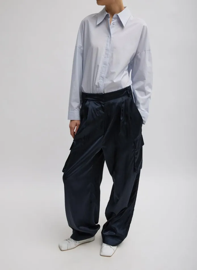 Women Shiny Nylon Pleated Stella Cargo Pant Navy Tibi Pants and Shorts