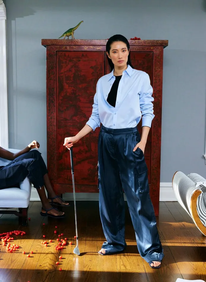 Women Shiny Nylon Pleated Stella Cargo Pant Navy Tibi Pants and Shorts
