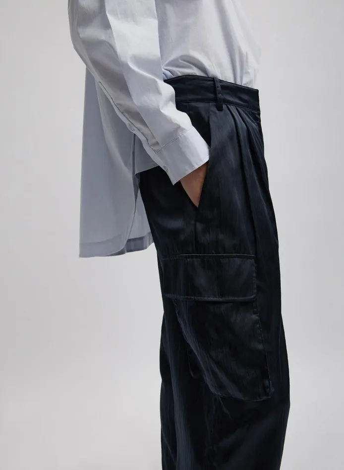 Women Shiny Nylon Pleated Stella Cargo Pant Navy Tibi Pants and Shorts
