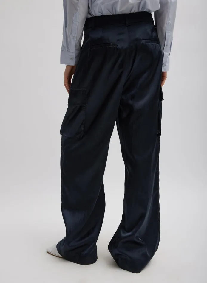 Women Shiny Nylon Pleated Stella Cargo Pant Navy Tibi Pants and Shorts