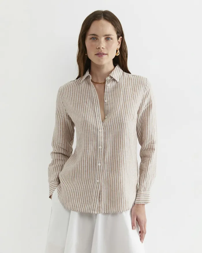 Women Shirts Sportscraft Dahlia Stripe Linen Shirt Tanwhite