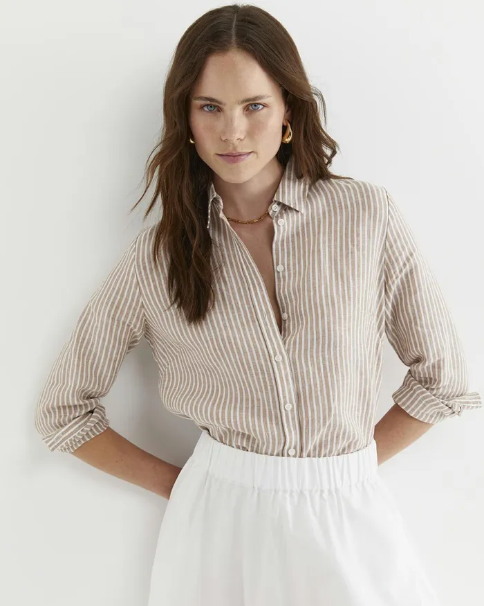 Women Shirts Sportscraft Dahlia Stripe Linen Shirt Tanwhite