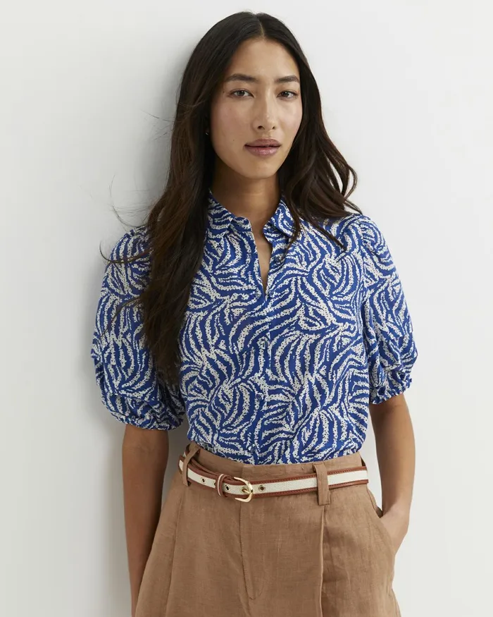 Women Shirts Sportscraft Lola Cotton Silk Short Sleeve Blouse Blueivory