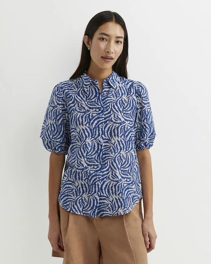 Women Shirts Sportscraft Lola Cotton Silk Short Sleeve Blouse Blueivory