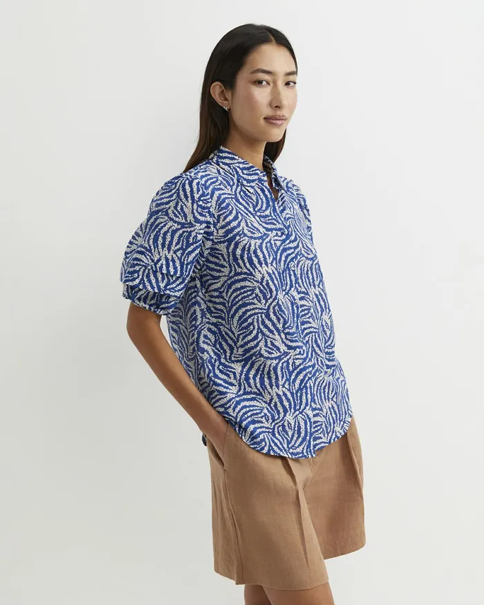 Women Shirts Sportscraft Lola Cotton Silk Short Sleeve Blouse Blueivory