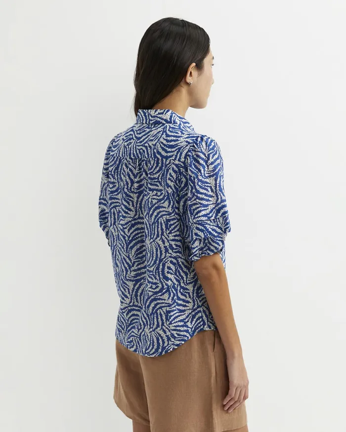 Women Shirts Sportscraft Lola Cotton Silk Short Sleeve Blouse Blueivory