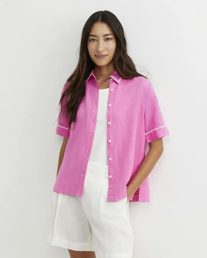 Women Shirts Sportscraft Lulu Blanket Stitch Linen Shirt Strawberry