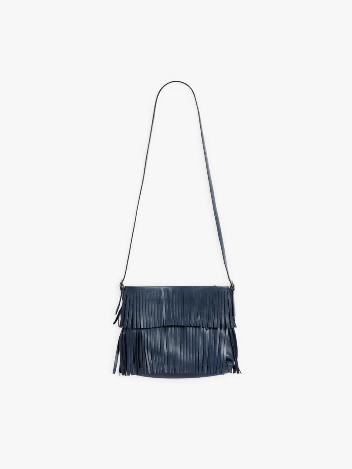 Women Shoulder and Crossbody Bags Agns B Blue Carmen Leather Tote Bag With Fringes
