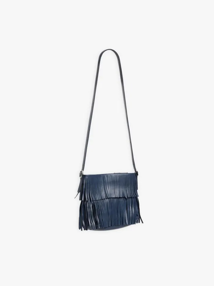 Women Shoulder and Crossbody Bags Agns B Blue Carmen Leather Tote Bag With Fringes