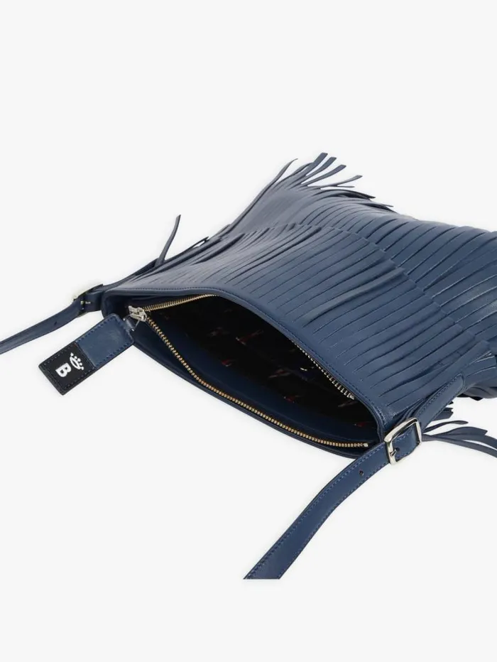 Women Shoulder and Crossbody Bags Agns B Blue Carmen Leather Tote Bag With Fringes