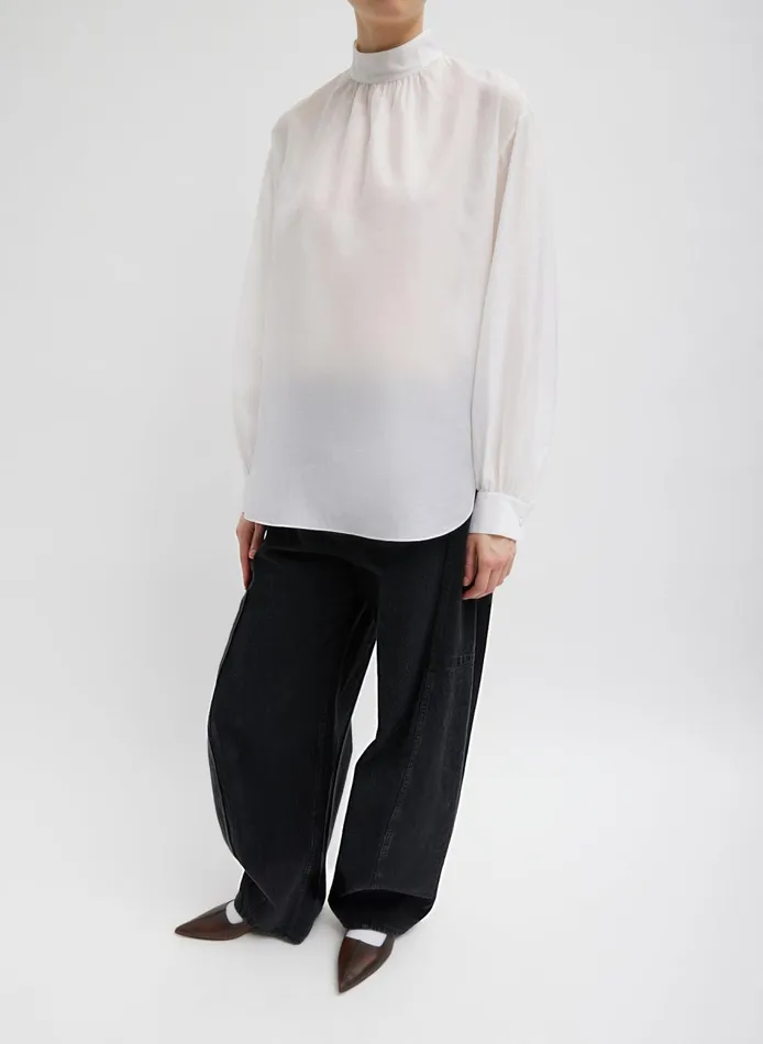 Women Silk Cotton Shirred Neck Blouse White Tibi Tops