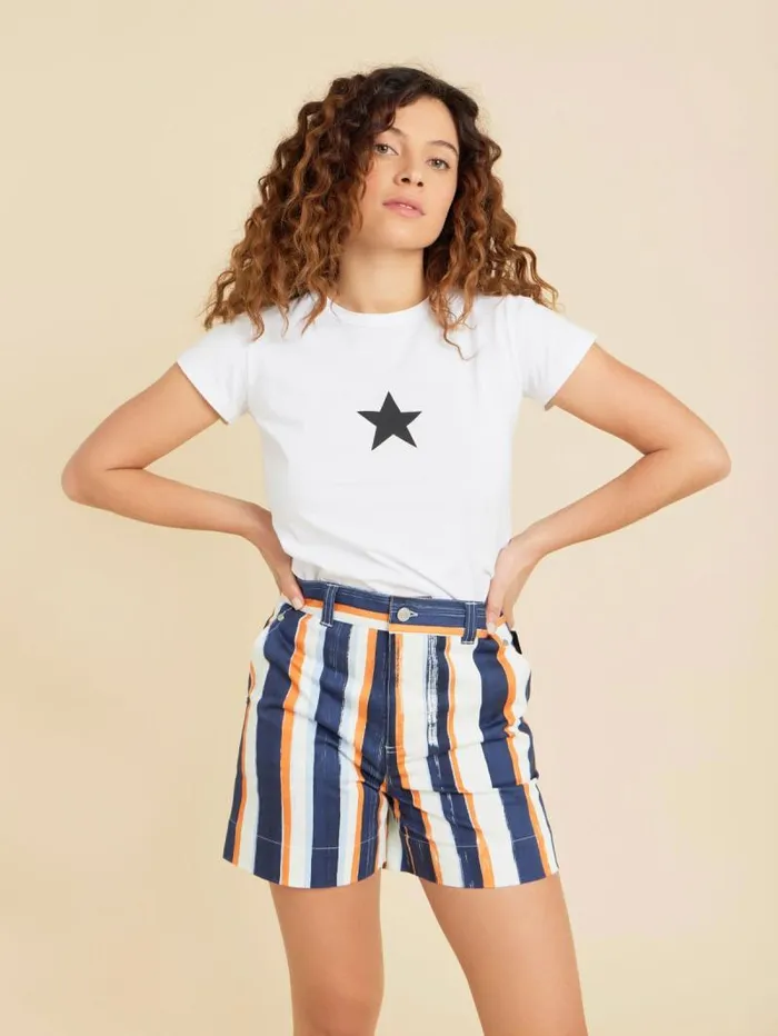 Women Skirts and Shorts Agns B Blue Cotton Vertical Stripes Mini Shorts