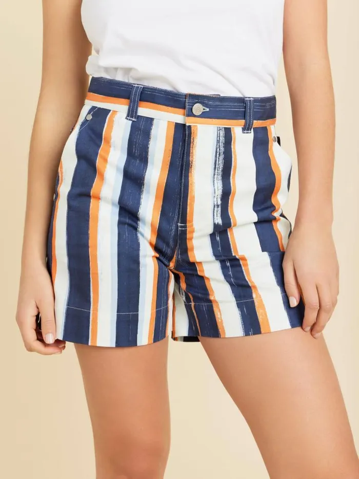 Women Skirts and Shorts Agns B Blue Cotton Vertical Stripes Mini Shorts