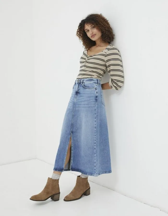 Women Skirts FatFace Carla Denim Midi Skirt Washed Blue