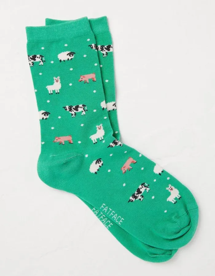 Women Socks Underwear and Tights FatFace 1 Pack Farm Animal Socks Emerald Green