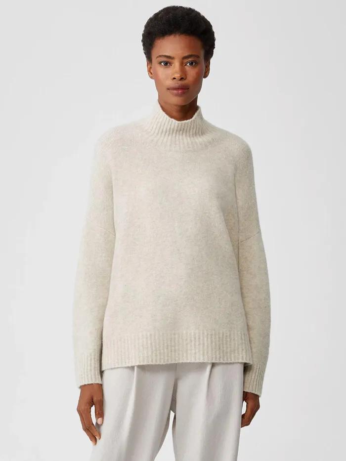 Women Sweaters and Cardigans Eileen Fisher Cashmere Silk Bliss Turtleneck BoxTop Maple Oat