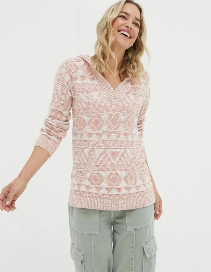 Women Sweatshirts and Hoodies FatFace Aztec Textured Hoodie Dusky Pink