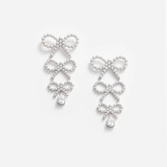Women Tiered Pearl Bow Earrings Self Portrait Jewellery