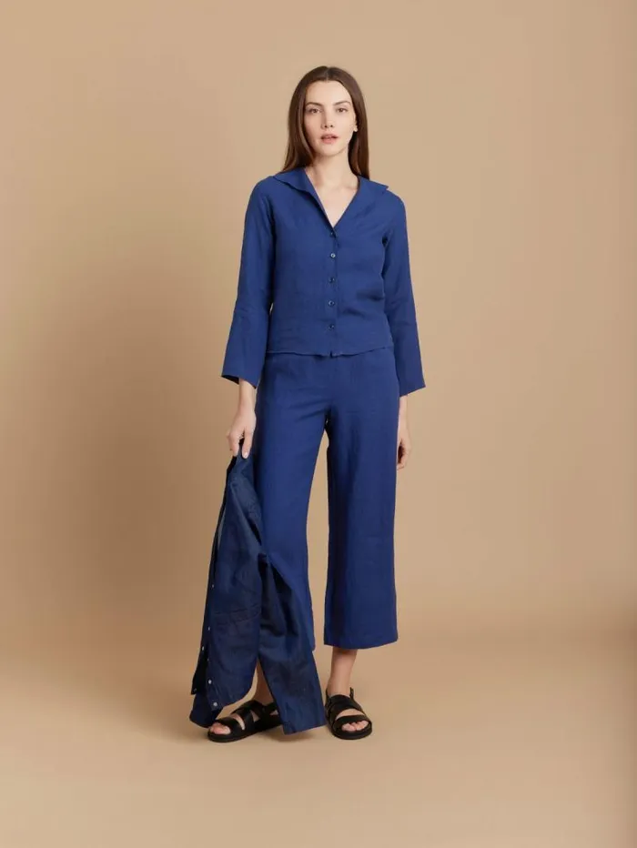 Women Tops and Shirts Agns B Blue Linen 34Sleeve Shirt
