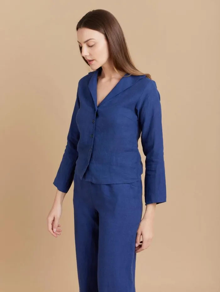 Women Tops and Shirts Agns B Blue Linen 34Sleeve Shirt
