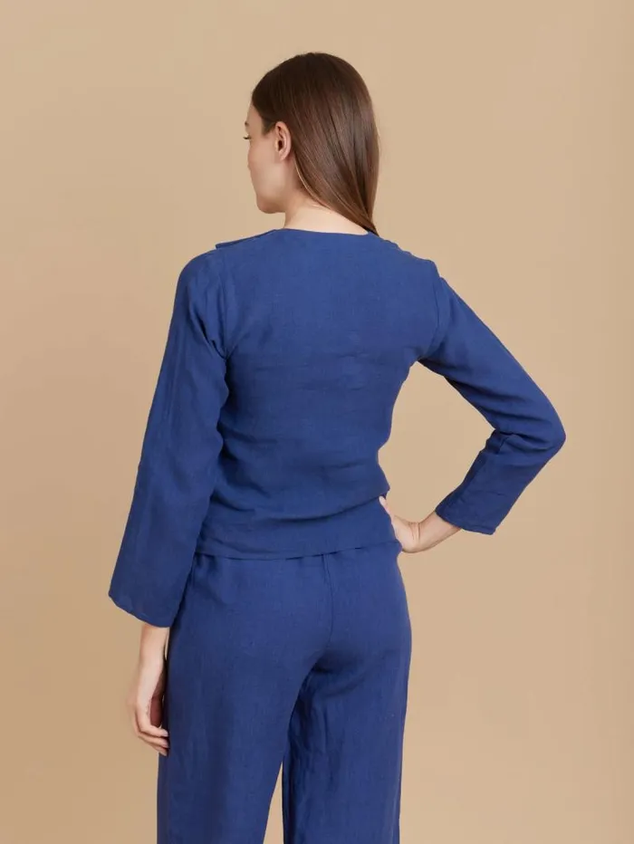 Women Tops and Shirts Agns B Blue Linen 34Sleeve Shirt