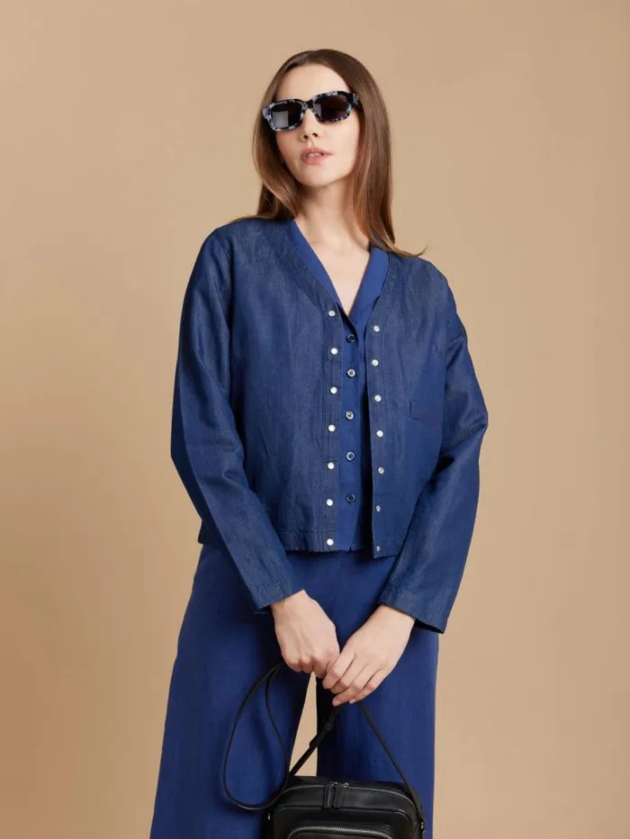 Women Tops and Shirts Agns B Blue Linen 34Sleeve Shirt