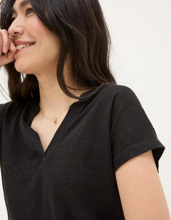 Women Tops and TShirts FatFace Linen Notch Neck TShirt Black