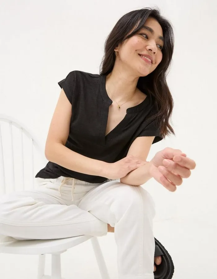 Women Tops and TShirts FatFace Linen Notch Neck TShirt Black