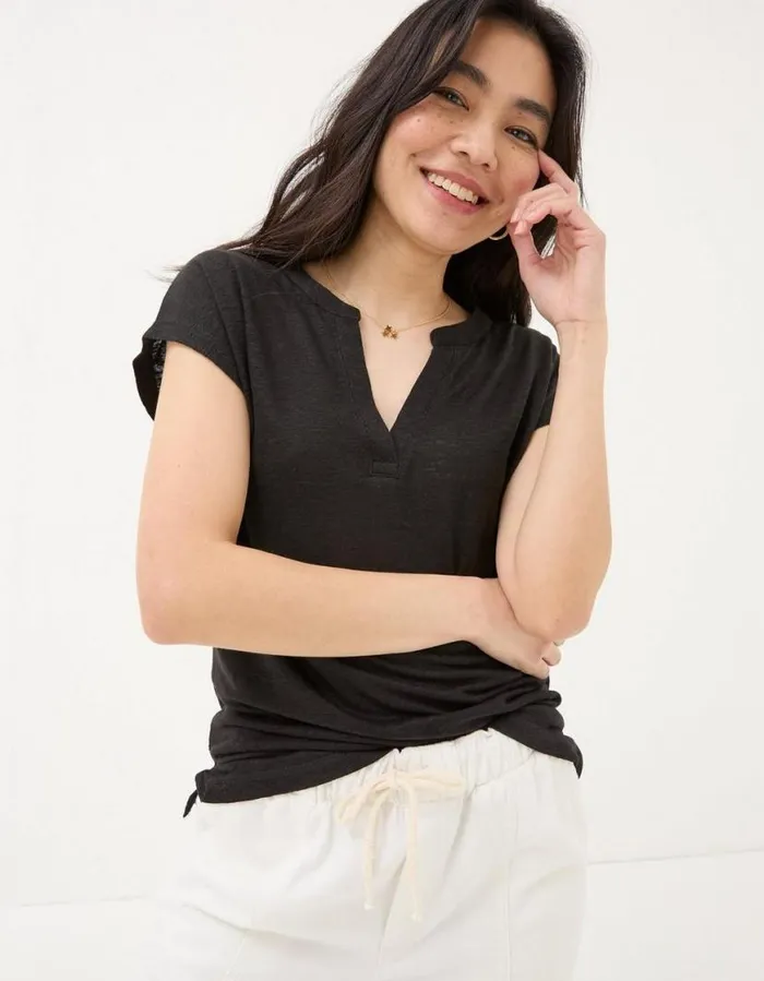 Women Tops and TShirts FatFace Linen Notch Neck TShirt Black