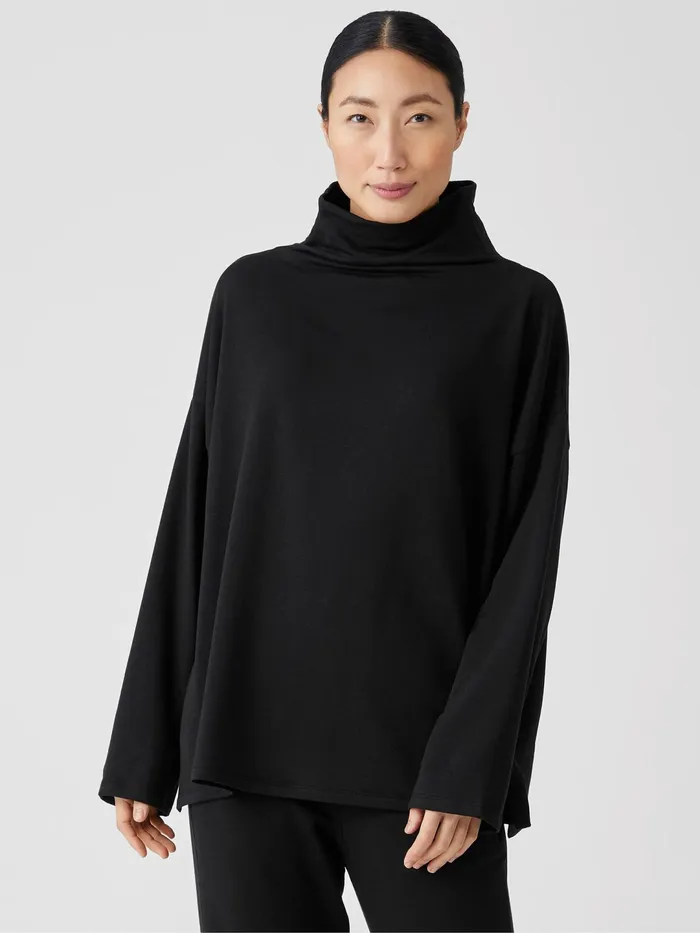 Women Tops and Tees Eileen Fisher Cozy Brushed Terry Funnel Hug Neck BoxTop Black