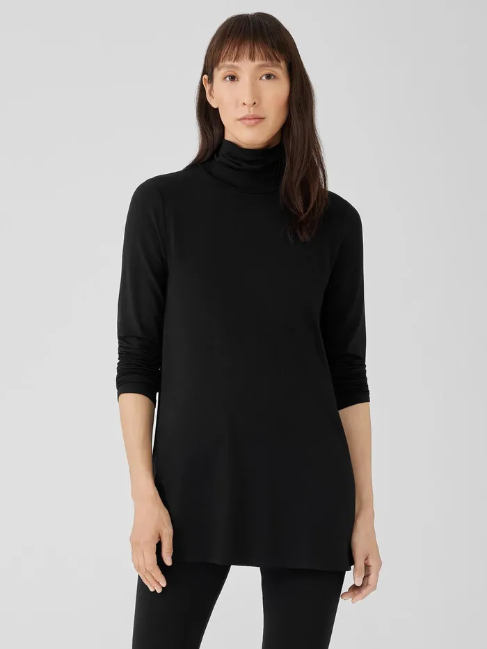 Women Tops and Tees Eileen Fisher Fine Jersey Scrunch Neck Long Top Black