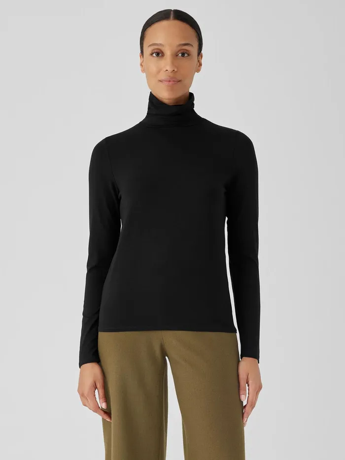 Women Tops and Tees Eileen Fisher Fine Jersey Scrunch Neck Top Black
