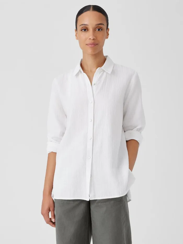 Women Tops and Tees Eileen Fisher Organic Cotton Ripple Classic Collar Shirt White