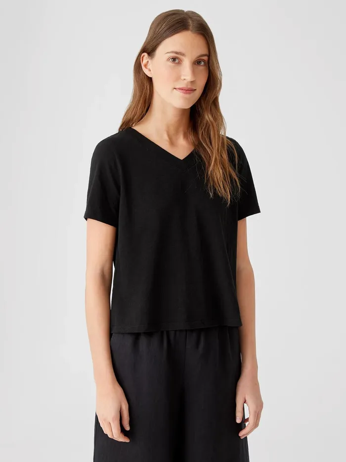 Women Tops and Tees Eileen Fisher Organic Cotton Slub VNeck Tee Black