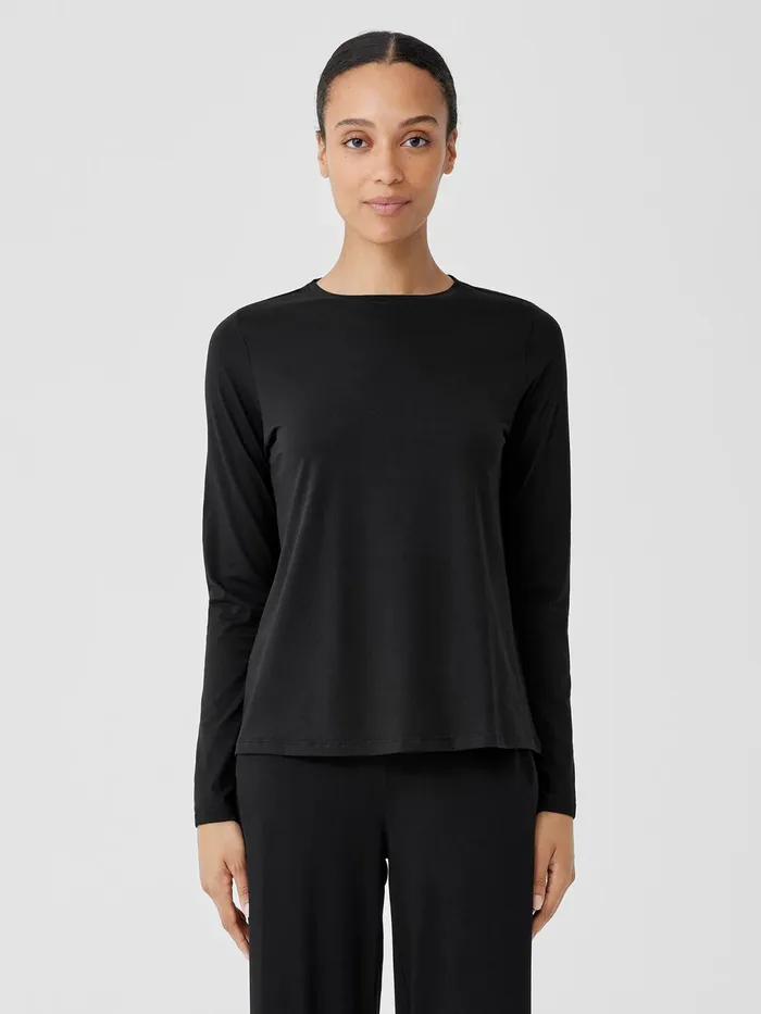 Women Tops and Tees Eileen Fisher Organic Pima Cotton Jersey LongSleeve Tee Black