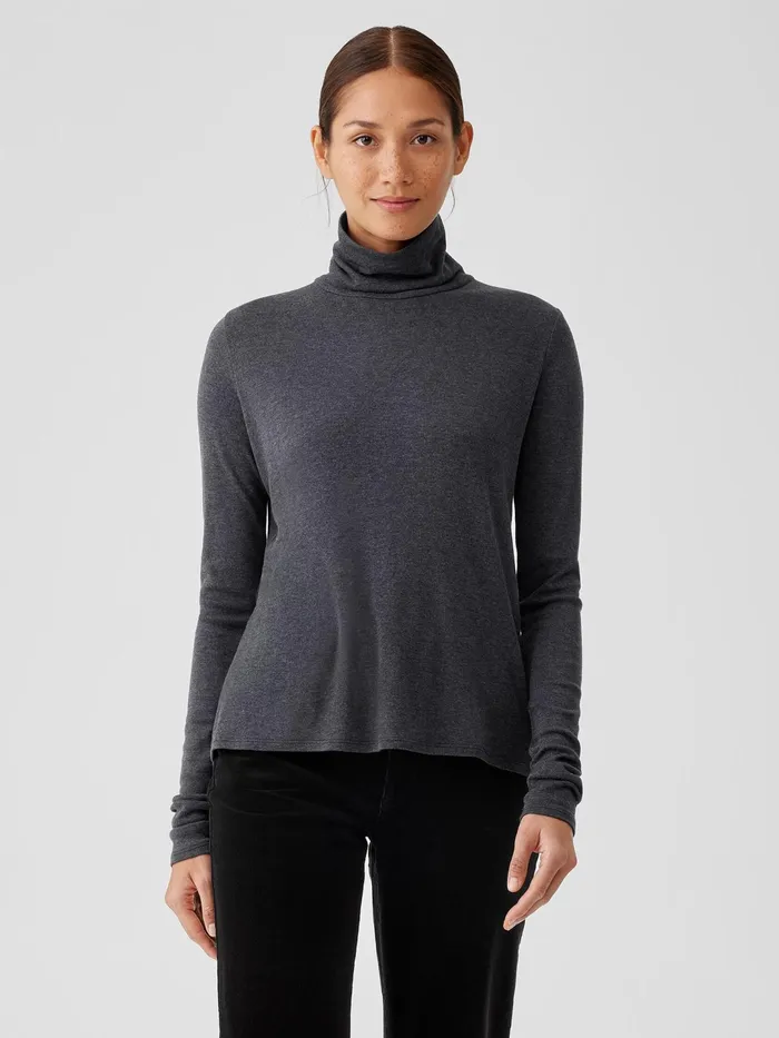 Women Tops and Tees Eileen Fisher Ribbed Pima Cotton Blend Turtleneck Top Charcoal