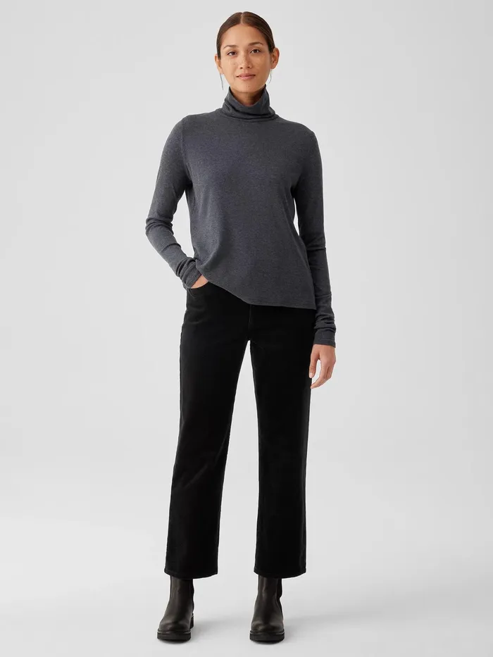 Women Tops and Tees Eileen Fisher Ribbed Pima Cotton Blend Turtleneck Top Charcoal