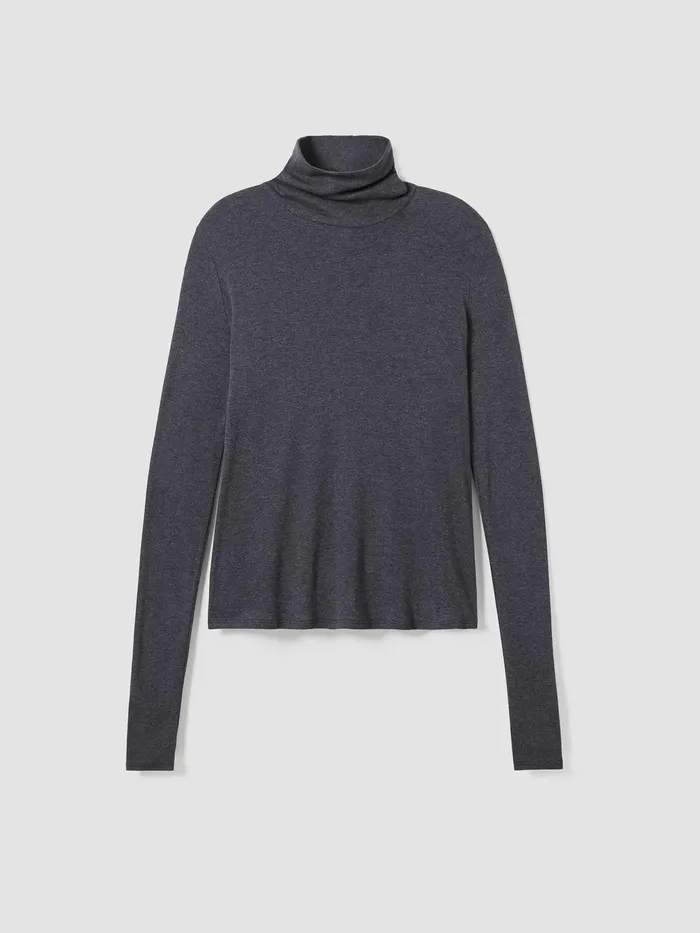 Women Tops and Tees Eileen Fisher Ribbed Pima Cotton Blend Turtleneck Top Charcoal